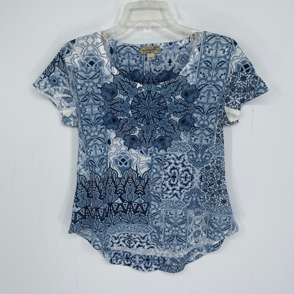 One World Women's Blue Medallion Embellished Short Sleeve Boho Top Size MP
